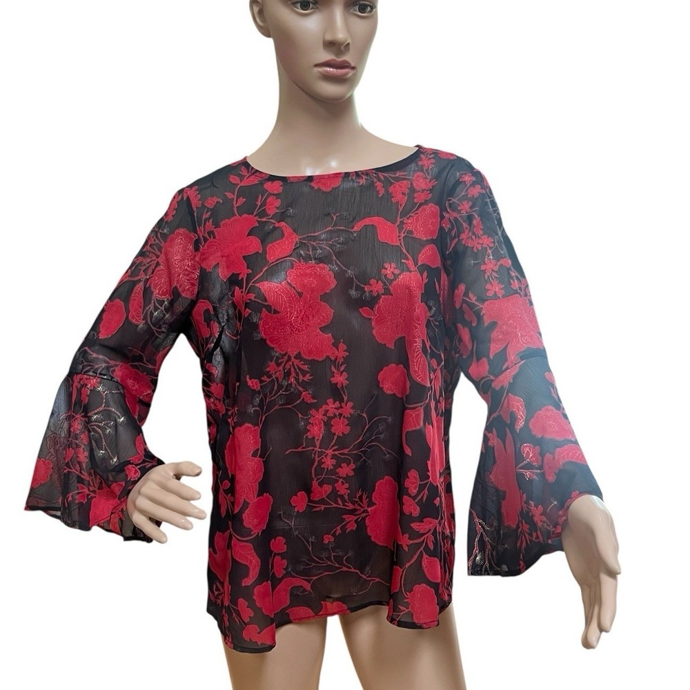 Roz Ali Petite L Black Red Floral‎ Sheer Chiffon Bell Sleeve Blouse Whimsigoth